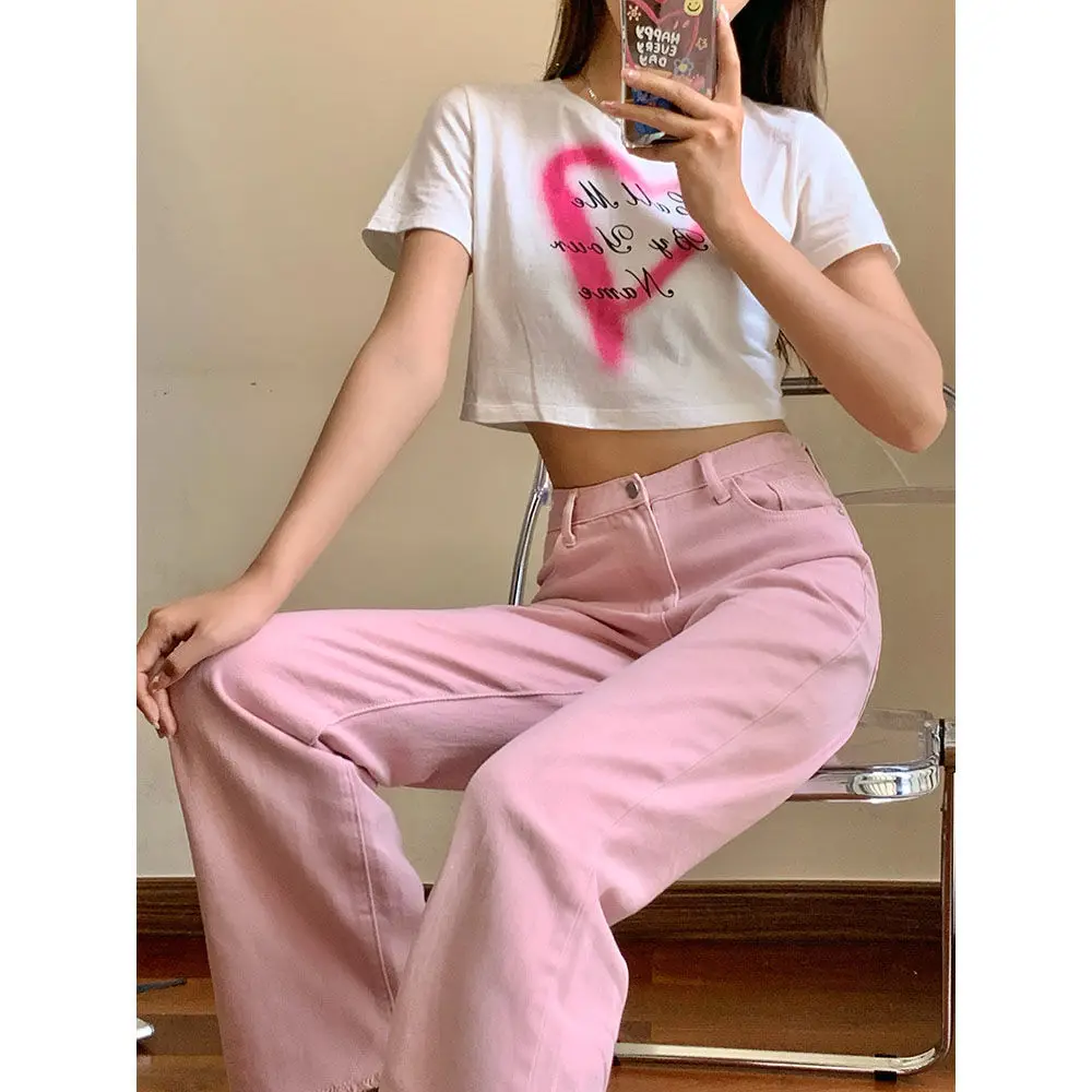 Pink Jeans Full Length Low COTTON Straight Button Fly Casual Y2K Girls Jeans Korean Lady Preppy Style