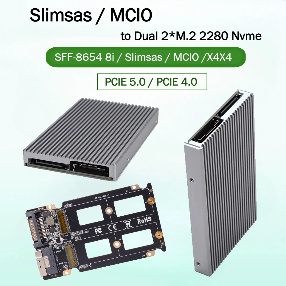 External Graphics SlimSAS SFF-8654 8X / MCIO 8i To 2*M.2 2280 NVMe Adapter 4.0/5.0 Server Motherboard HDD SSD Heatsink Enclosure