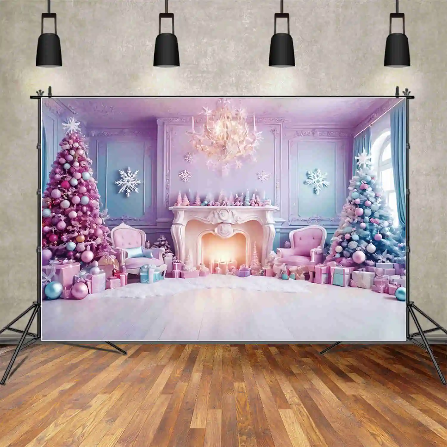 MOON.QG Fairy Christmas Christmas Tree Backdrop Fireplace Western Purple Blue Pine Tree Background Party Photocall Supplies