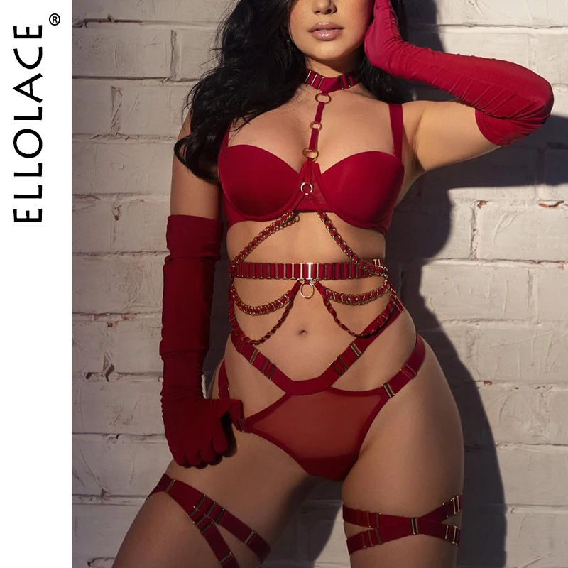 

Ellolace Daring Lingerie Woman Red Ultra Sexy Intimate Female Complete Luxury Attractive Chest Suspenders 8-Piece Hot Sexy Adult