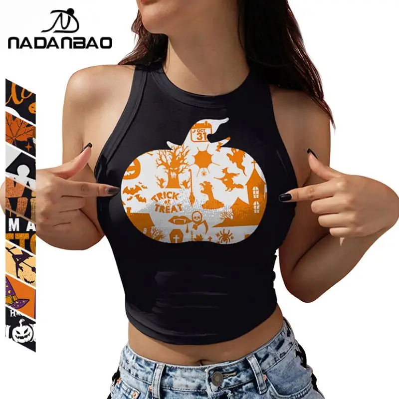 Nadanbao Women Skull Pumpkin Print Crop Top Happy Halloween Letter Pattern Tops Black Sexy Slim Vest Casual Party Streetwear