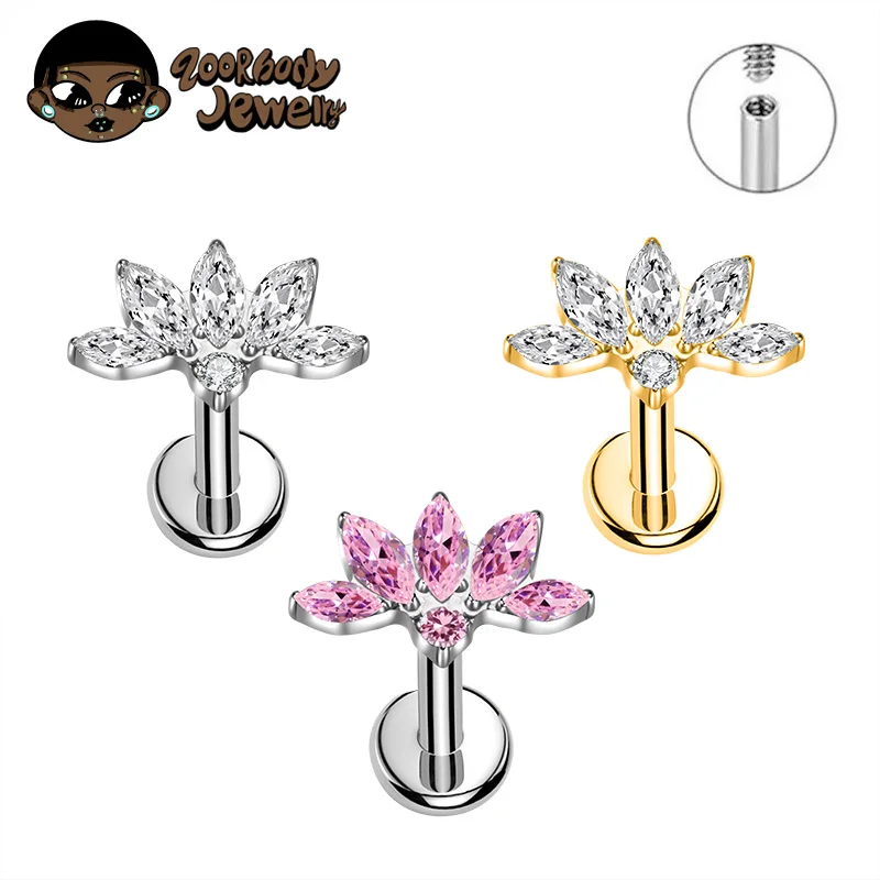 ZOOR ASTM F136 Titanium Triple Marquise Lotus Flower Cartilage Earring 16G 18G Crown Helix Tragus Piercing Bridal Jewelry