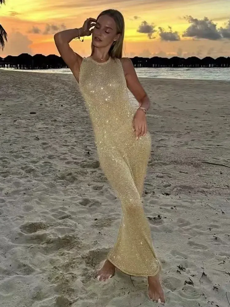 Sexy Glitter Knit Backless Slim Fishtail Beach Maxi Dress 2025 Summer Women's Party Evening Club Outfit Swimsuit Cover Up A3152