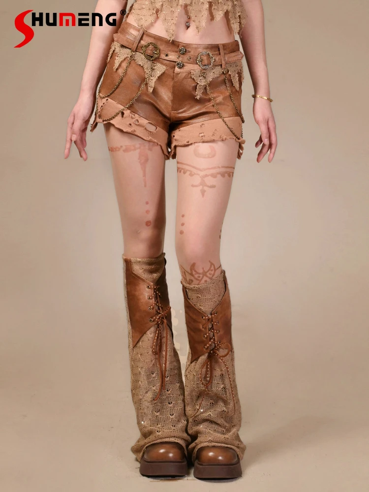 

Original Design Punk Style Subculture Y2K Low Waist Short Set Hot Girls Sexy Mini Shorts Long Sleeve Top Leg Warmers Set Women