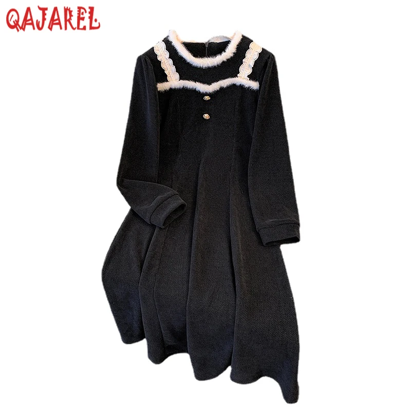 Autumn Winter Black Corduroy Thick Warm Long Dress Women Fashion Patchwork Lace Chic Dress 2024 Korean Vintage Hepburn Prom Robe