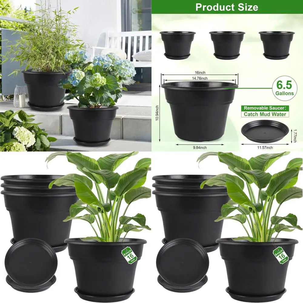 

Набор из 4 больших 16-дюймовых наружных пластиковых горшков с дренажем и подносами для внутреннего и наружного использования.