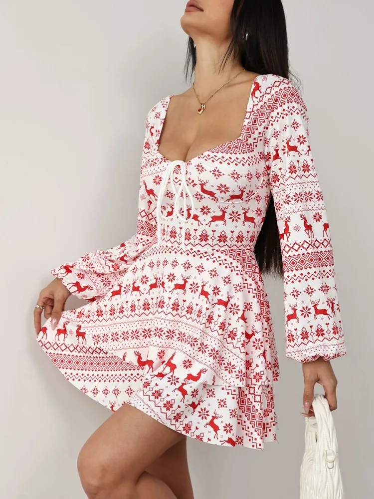 Uoozee – barboteuse imprimée de renne de noël pour femmes, rouge et blanc, manches longues, col carré, dos nu, cordon de serrage, à volants à plusieurs niveaux