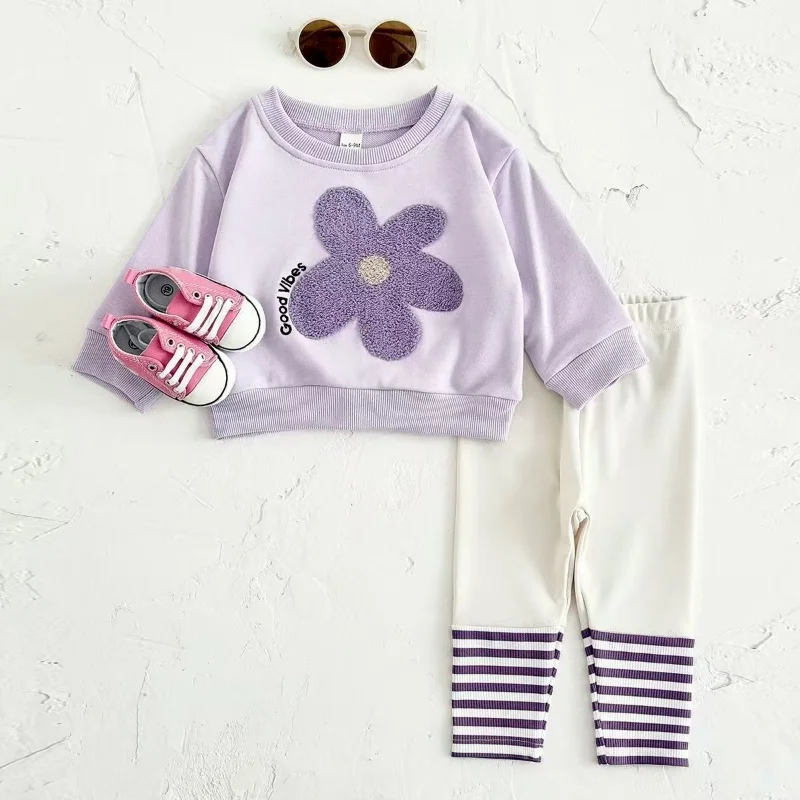 2 Piece Set of Girls Baby Long Sleeved Hoodie Set With Purple Flower Top and Striped Patchwork Pants 2025 Autumn New Item