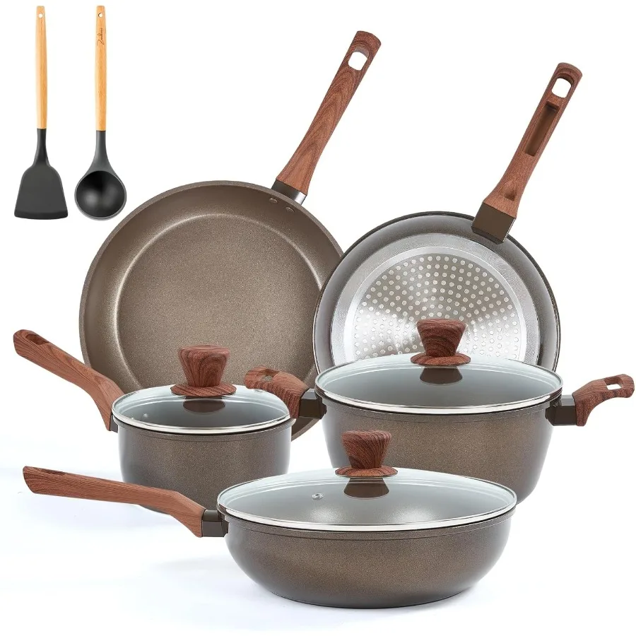 

10 Pcs NonStick Kitchen Cookware Set with Frying Pans Saucepans Steamer Compatible with All Stoves for Home and Restaurant Use