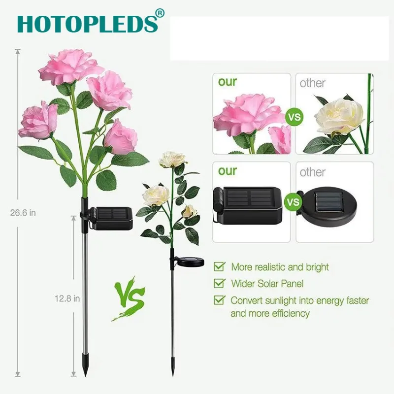 

Led Solar 3/5 Heads Rose Flower Lamp Outdoor Waterproof Villa Garden Decoration Light Garden Light Flower Fabric