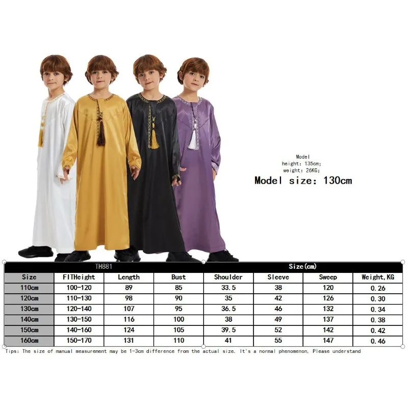 Jubba Thobe Kaftan Robe Islamique pour Garçons Enfants Musulmans Robe Arabe Dubaï Qatar Abaya Robe à Pompon Robe de l'Aïd al-Fitr