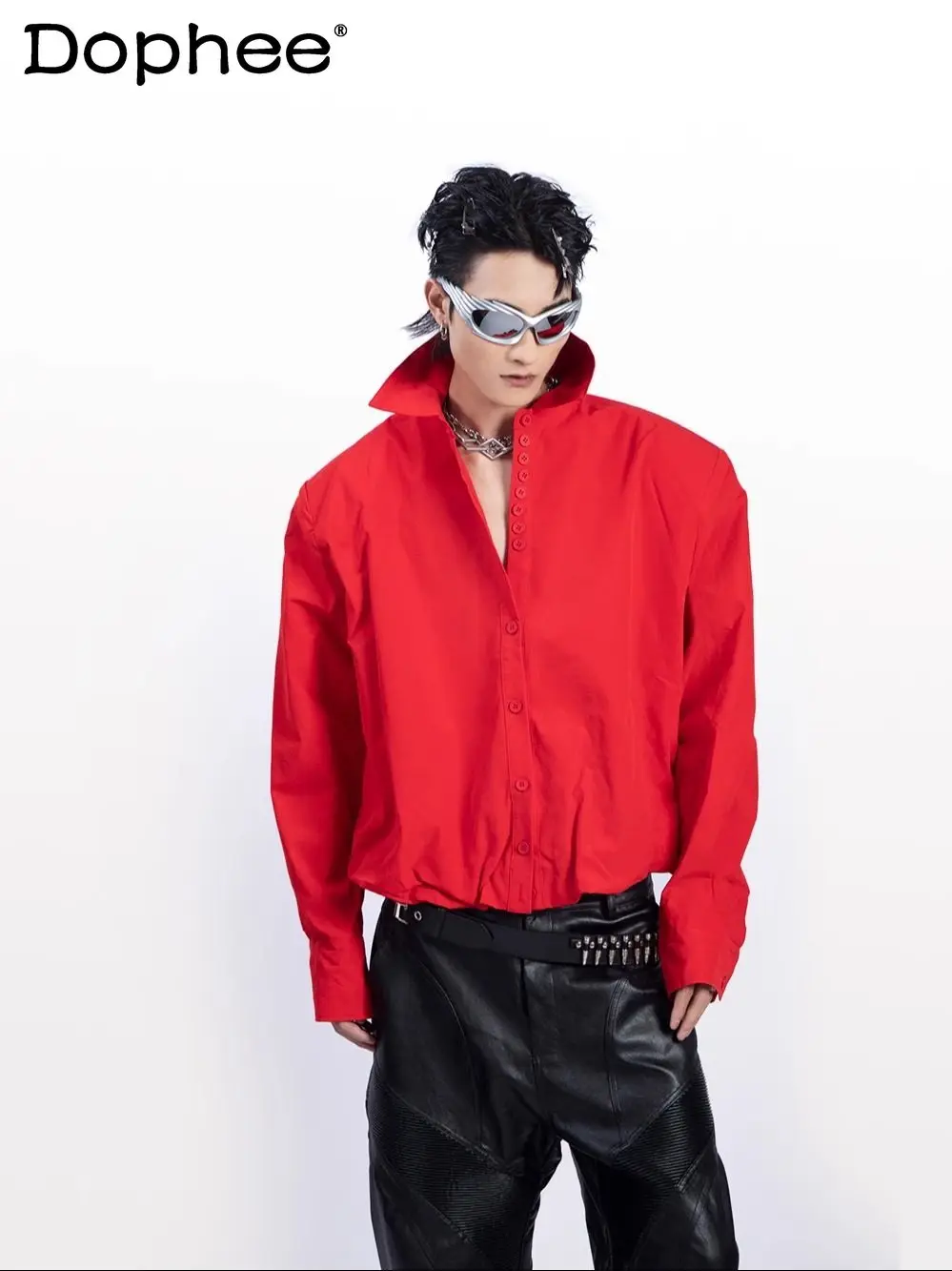 

Мужская рубашка-кардиган с длинным рукавом, свободного кроя, повседневная, весенняя, новая коллекция 2026 года, в корейском стиле, красная, модный тренд