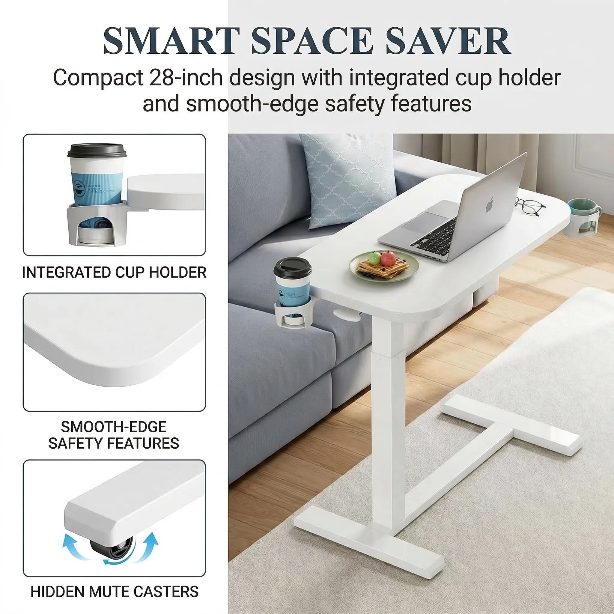 28/32Inch Bedside Table with Wheels, Height-Adjustable Rolling Computer Cart, Overbed Table with Cup Holder, Pneumatic Laptop Standing Desk for Home Office
