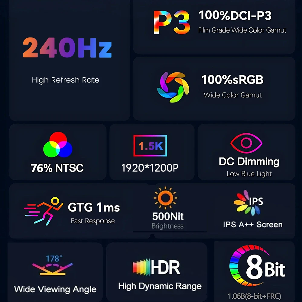 شاشة 18 بوصة 1.5K 240 هرتز تعمل باللمس شاشة محمولة 16:10 100%DCI-P3 500Nit IPS عرض للكمبيوتر المحمول ماك الهاتف Xbox PS4/5 Switch