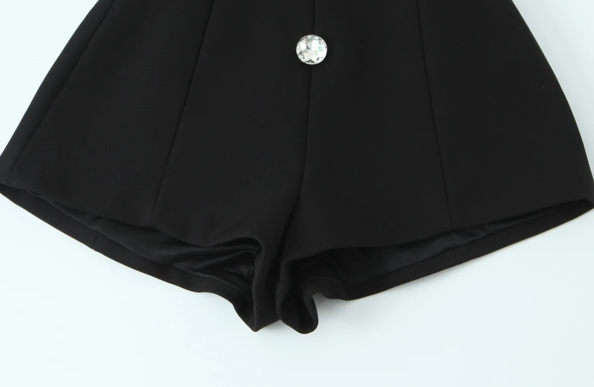 Frauen Mode Schwarz Mini Overall Weibliche Quadrat Kragen Karte Schulter Ärmellose Einreiher Overall Sexy Slim Fit Body