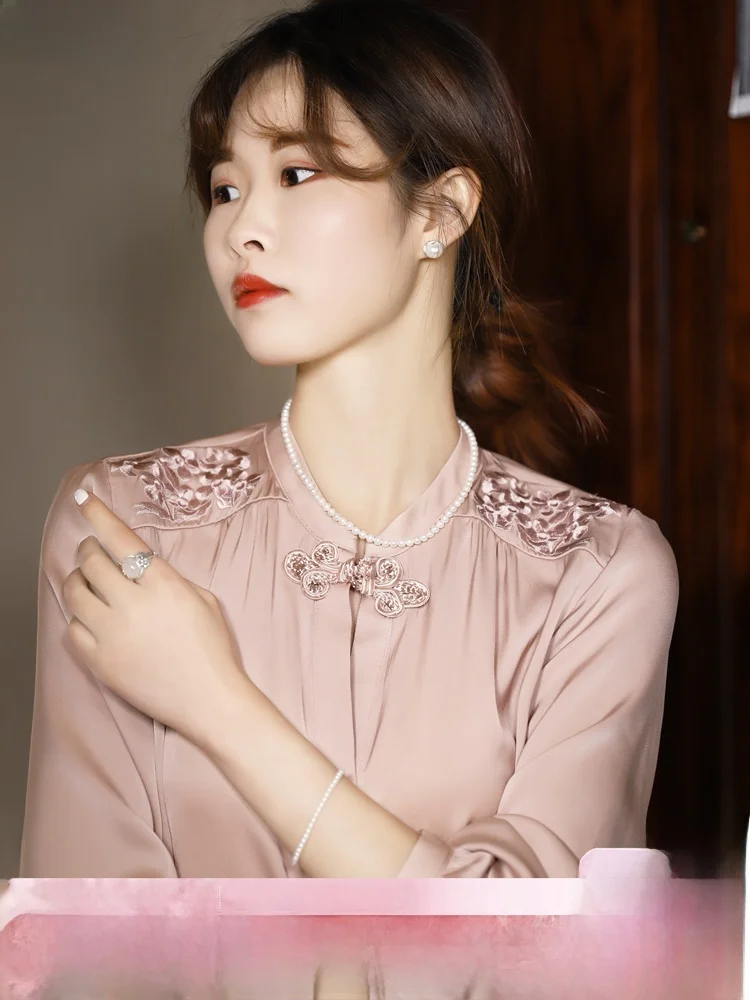

Heavyweight Silk Double Gauze Stand Collar Shirt for Women Embroidered Floral Retro Button down Silk Blouse