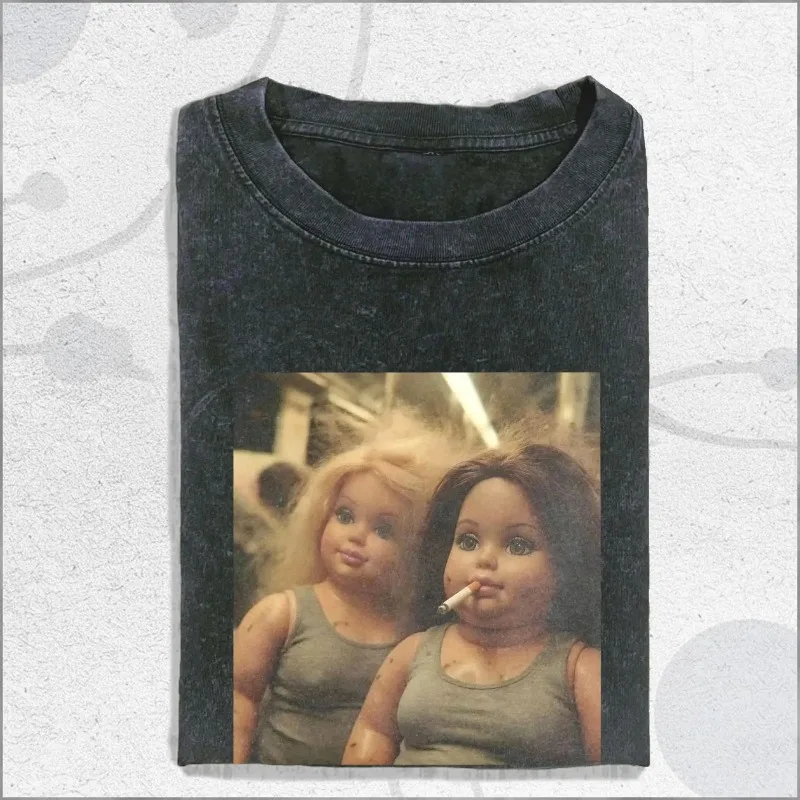 Vintage Washed Face Doll Girl Shirt, Ironic Statement Shirt, Meme Shirt For Women Washed T-shirt