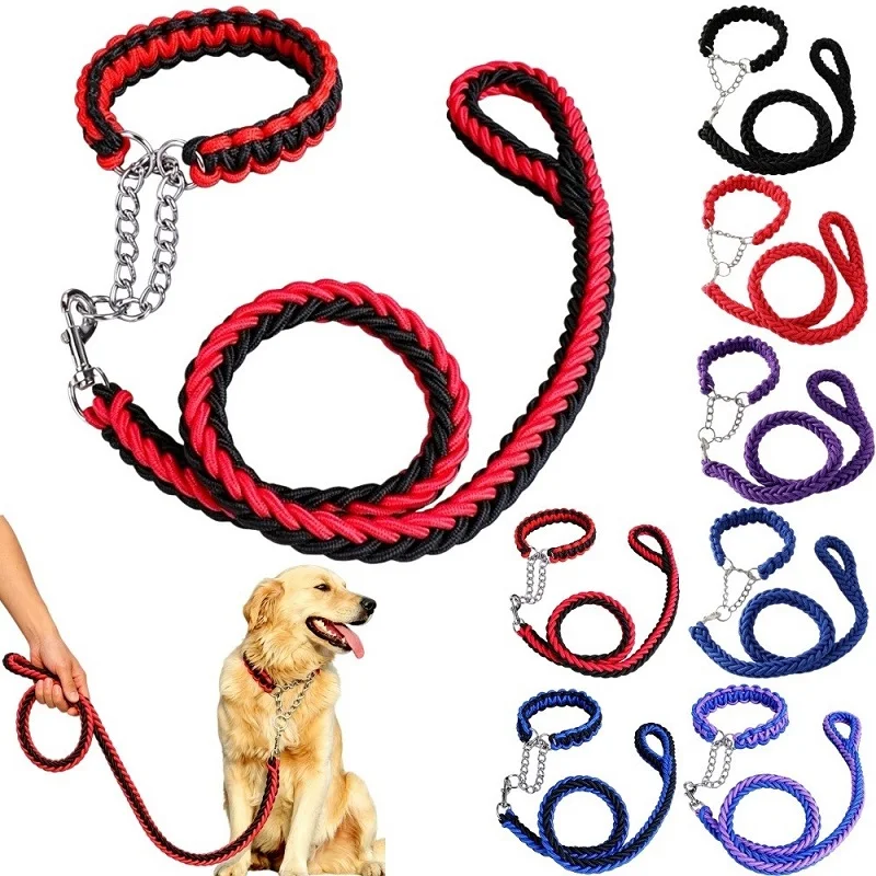 Strong Braided Dog Leash P-Chain Slip Collar Set Nylon Dog Leash for Small Medium Large Dogs Lead Traction Rope Pet Accessories