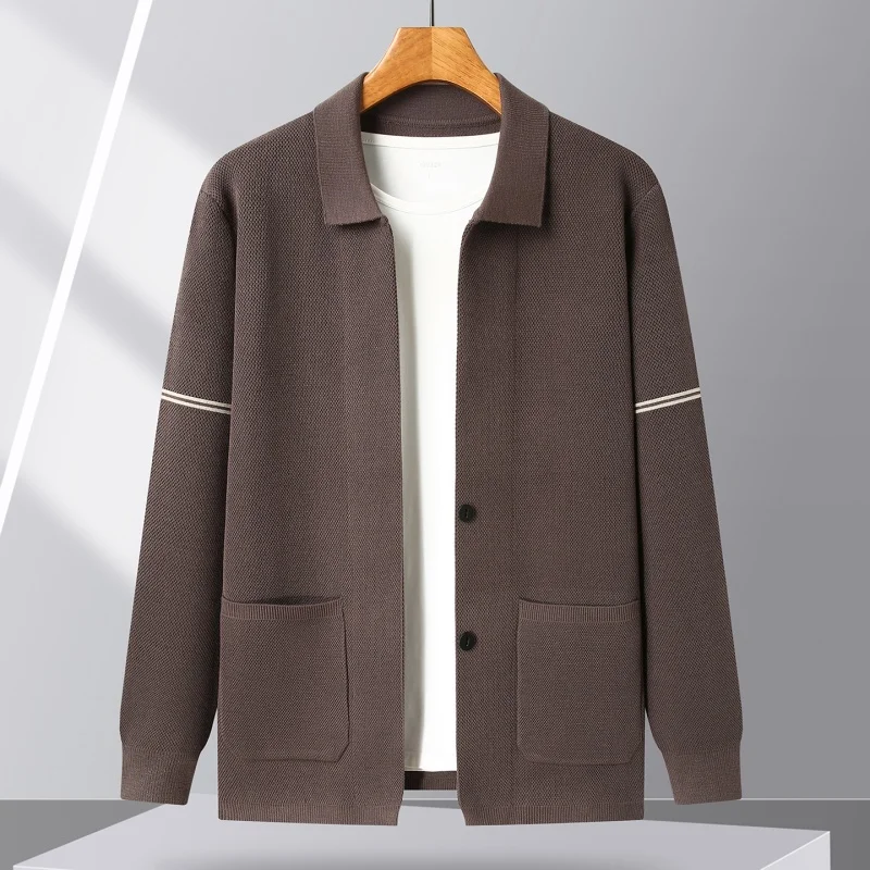 Light Luxury Notched Lapel Men's Knit Jacket, Loose Fit Slimming Textured Fabric, Business-Casual Cardigan Sweater for Middle-Ag