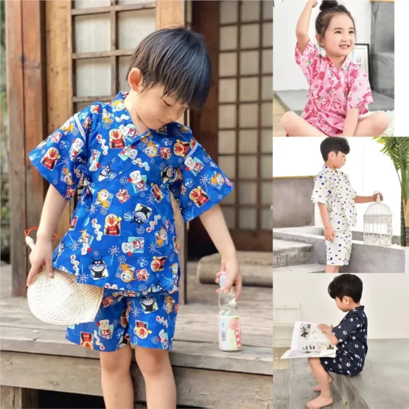 

Children's Cotton Household Japanese Pyjama Top Pants 2-Piece Set Baby Sleepwear Set Kids' Breathable Short Sleeve Pyjama LI126