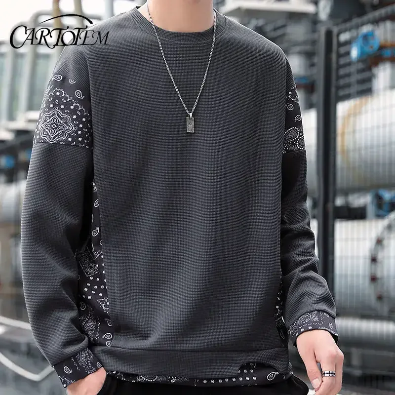 

Male Clothes Crewneck Waffle T-shirt Sweatshirt for Men Round Neck Top Hoodieless Pullover Spliced Designer Welcome Deal New In