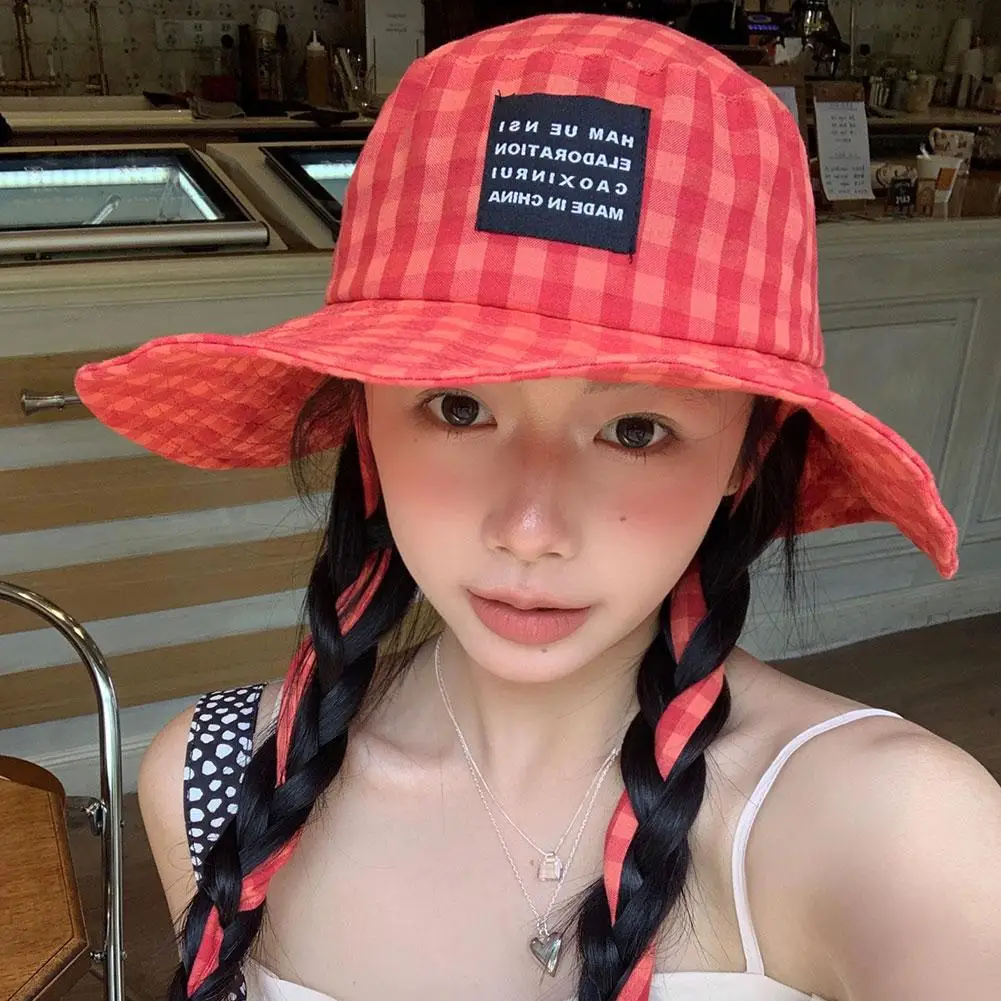 

Sun Protection Hat Plaid Wide-brimmed Lace-up Women's Anti-UV Fisherman Niche Hat Sunshade Summer Hat Retro Fashionable T0Y4