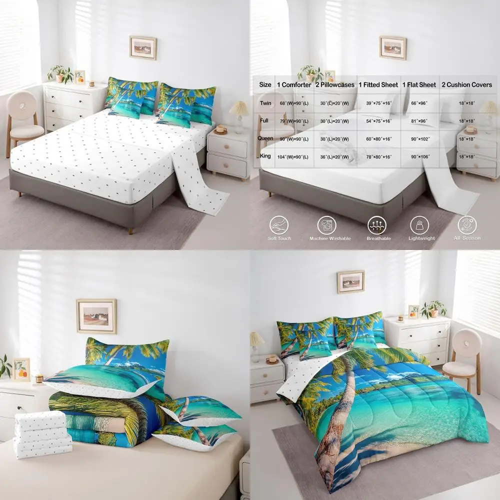 

7-Piece Tropical Ocean Beach Bedding Set with Reversible Comforter, Sheets, and Pillow Covers for Kids and Adults