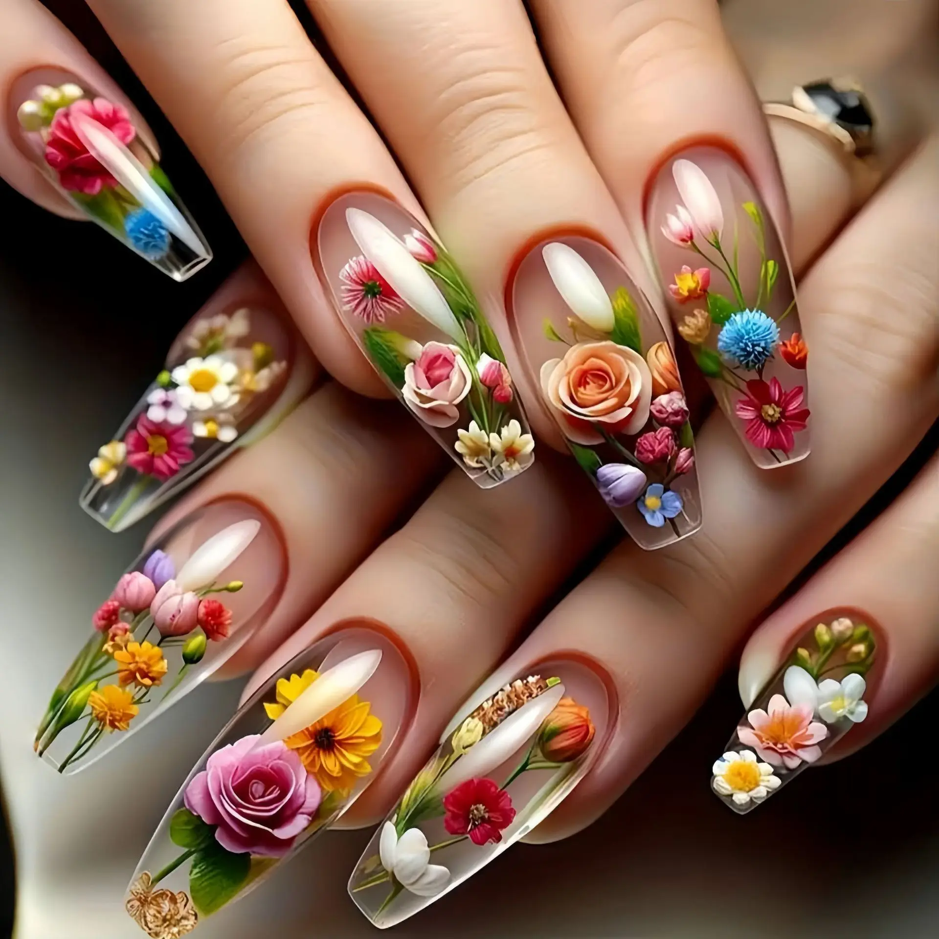 Medium long fake nails for women pink yellow red blue flower
