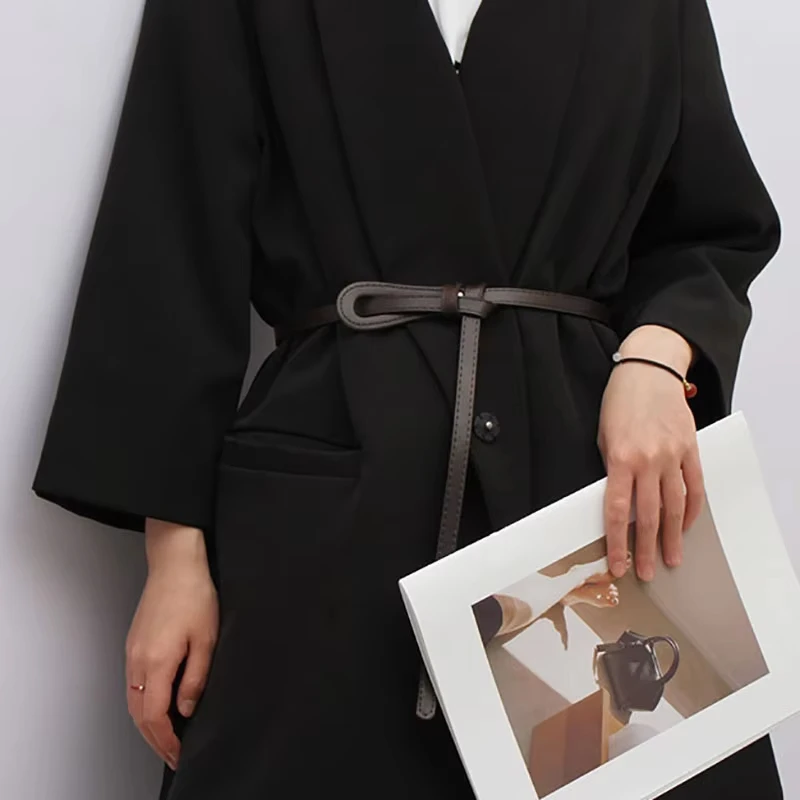 Women's Thin Knotted Belt Vinatge Solid Color PU Leather Long Skinny Waist Belts Female Lady Dress Coat Decorative Straps