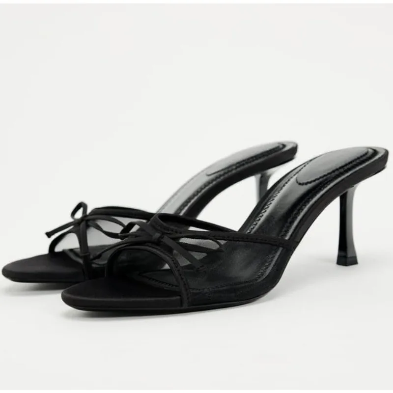 

Women Summer New Luxury Brand Black Lace Mesh High Heel Sandals Versatile Simple Slim Heel Sandals Slippers Zapatos De Mujer