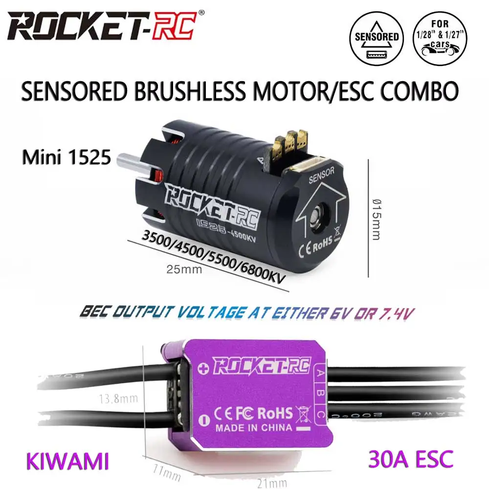 ROCKET-RC KIWAMI 30A ESC Mini1525 3500/4500/5500/6800KV Motor Sensored Brushless Combo for 1/28 1/27 Scale RC Cars Mosquito Cars 