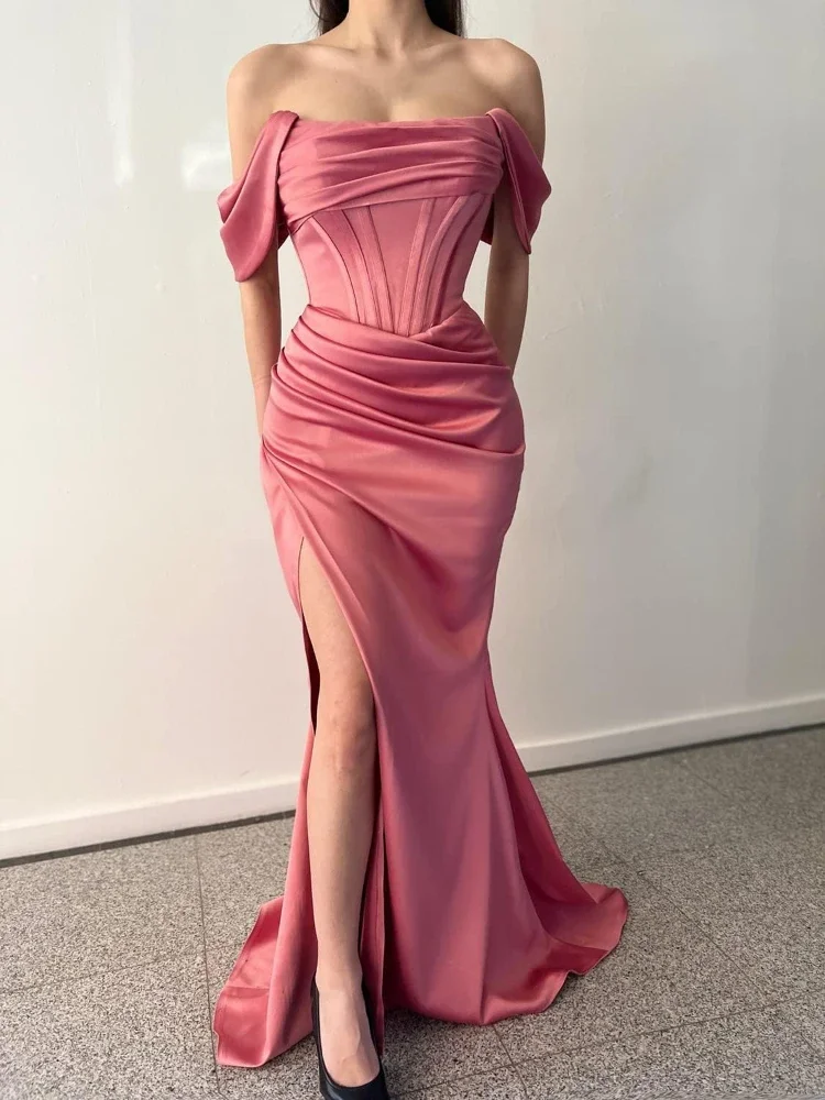 Customized Customized Fashion French Slash Neck Temperament Long Prom Party Dress Luxury Shinny Slim Fit Pleated Design Gown Sid