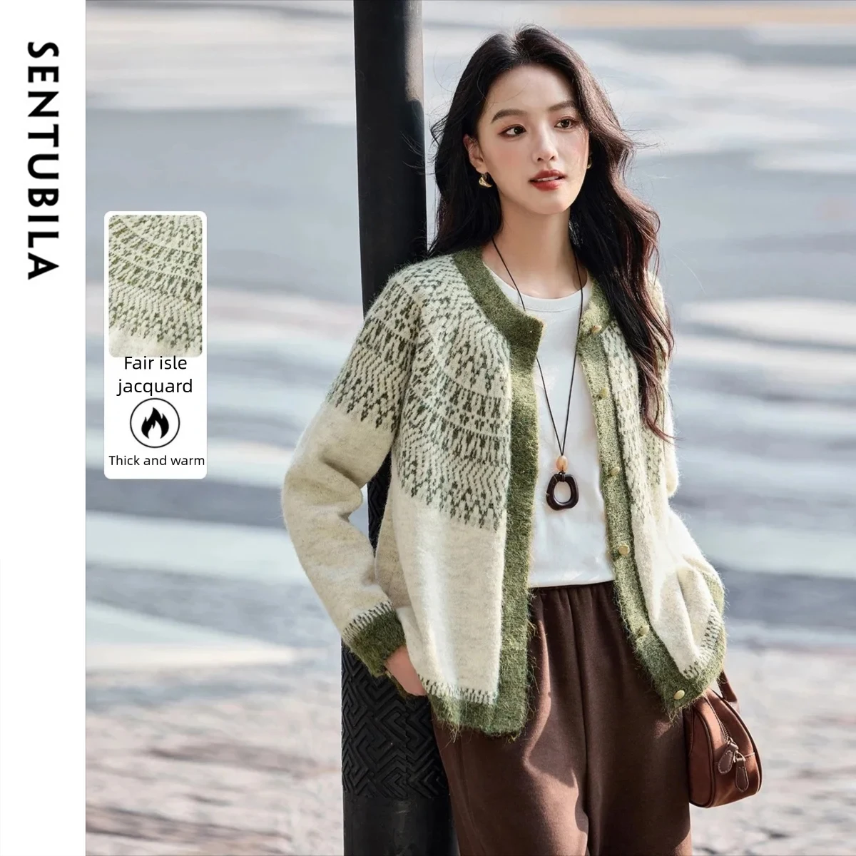 

SENTUBILA Жаккардовый кардиган Fair Isle для женщин, зима 2025 года, свободные вязаные кардиганы с круглым вырезом, топ с длинными рукавами для женщин W54ED4857