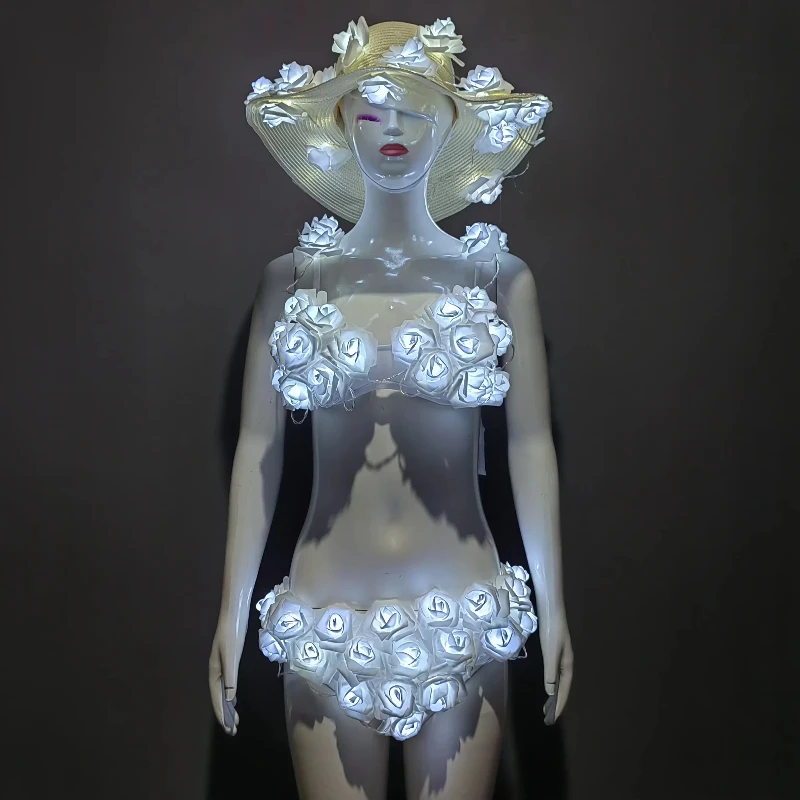 

White Light-emitting LED Bikini Rose Flowers Bra Hat Sets Nightclub Lady Singer DJ Dance Wear Party Catwalk Pole Dancing Costume