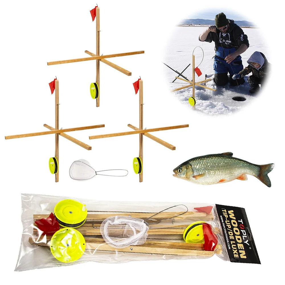 3 Pack Winter Ice Fishing Rod Tip Up with Spoon Net Winter Fishing Flag Wooden Fishing Platform Portable Fishing Tools