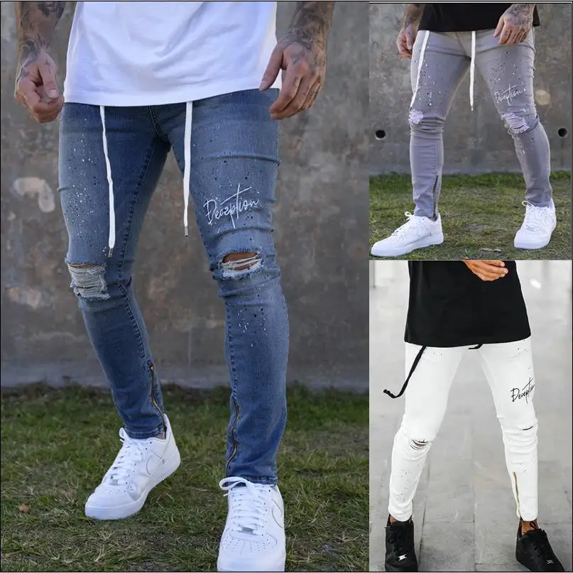 

Men's White Ripped Ankle Pants Standing Paint Tied Jeans mid Waist Print Other Fabric Sport Scene Non Deformable Stone Waed