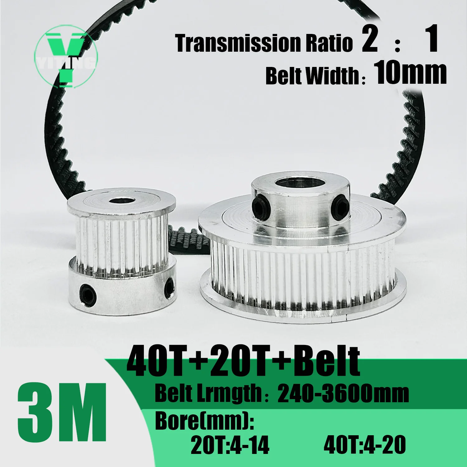 HTD3M 20T 40Teeth Timing Pulley Belt Set Belt Width 10mm Bore 4~20mm Reduction 2:1 Deceleration 3M Pulley Kit Synchronous Wheel