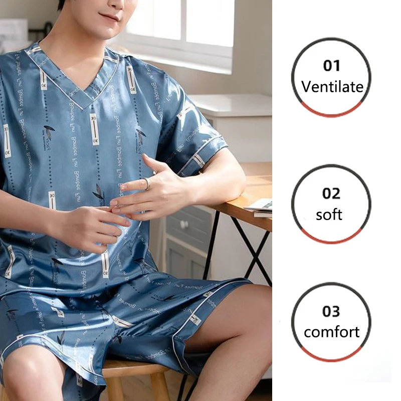 Large Size Men Homewear Ice Silk Short-Sleeved Shorts Student Pajamas Korean Version with Letters Loose 3xl Short-Sleeved Two-Pi