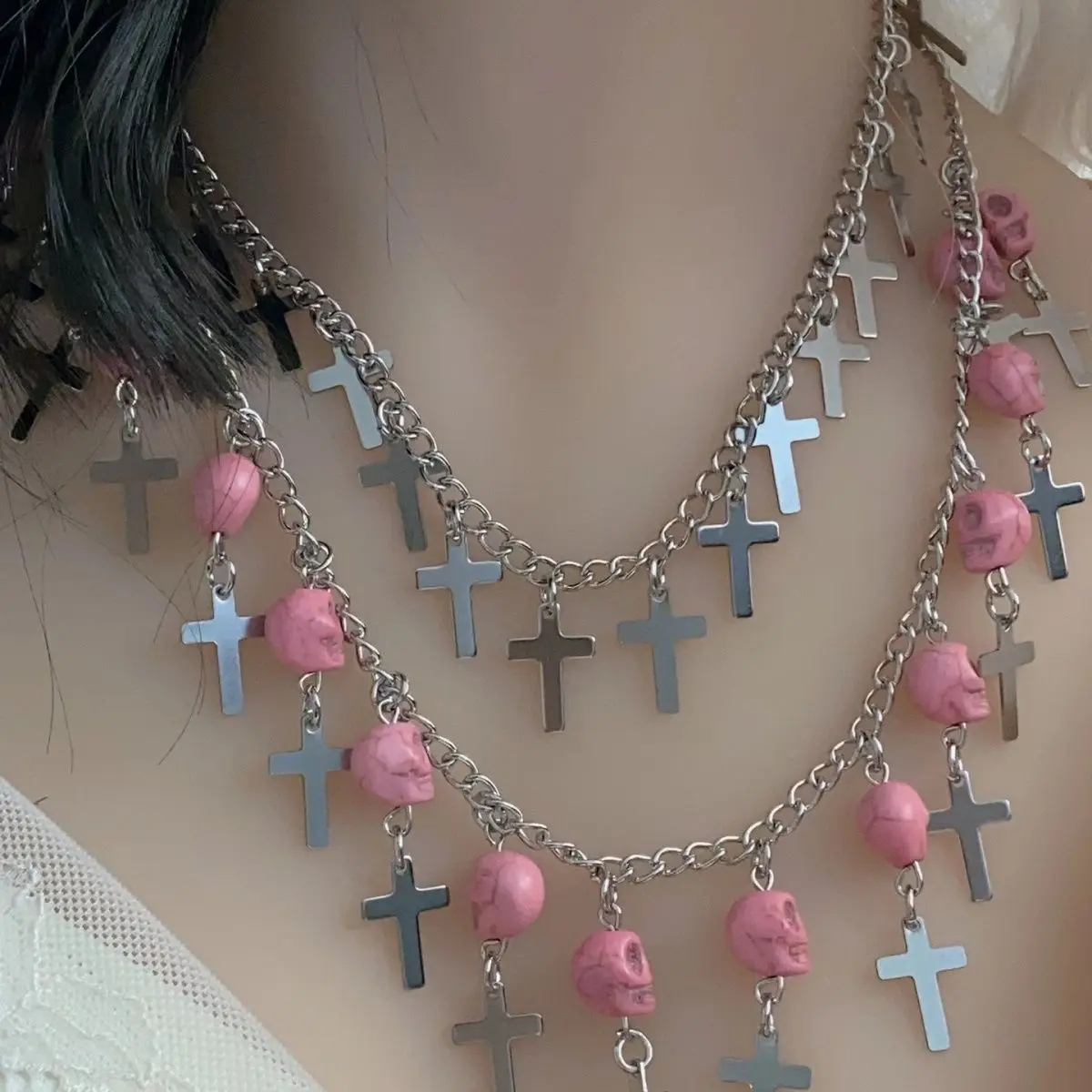 INS Millennium Spicy Girl Y2K Pink Skull Head Cross Double Layer Necklace Adjustable