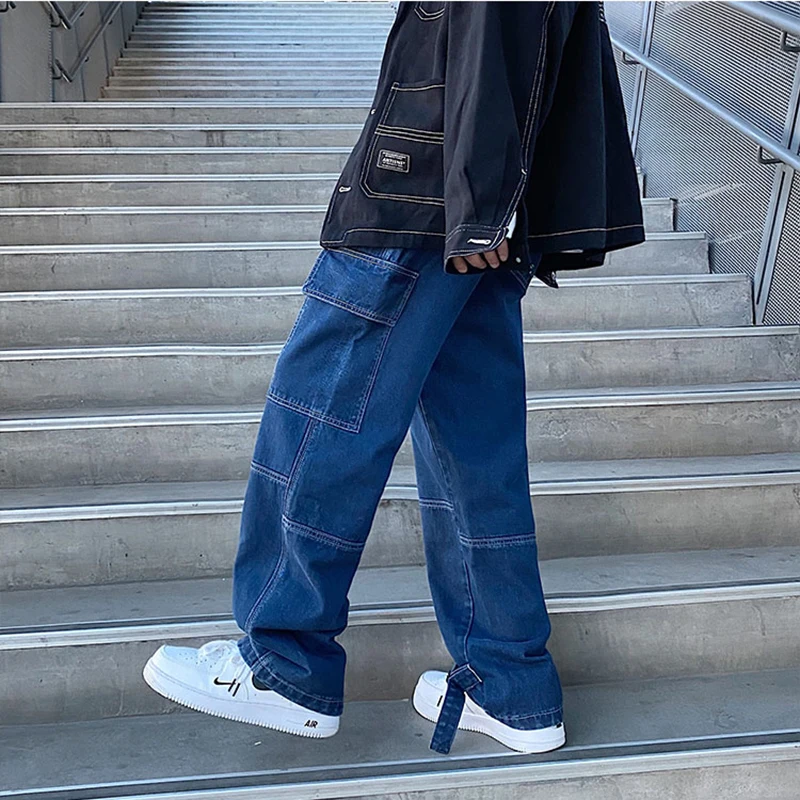 Jean Cargo à Jambes Larges pour Homme, Pantalon en Denim, Baggy Droit, Mode Hip Hop, Streetwear