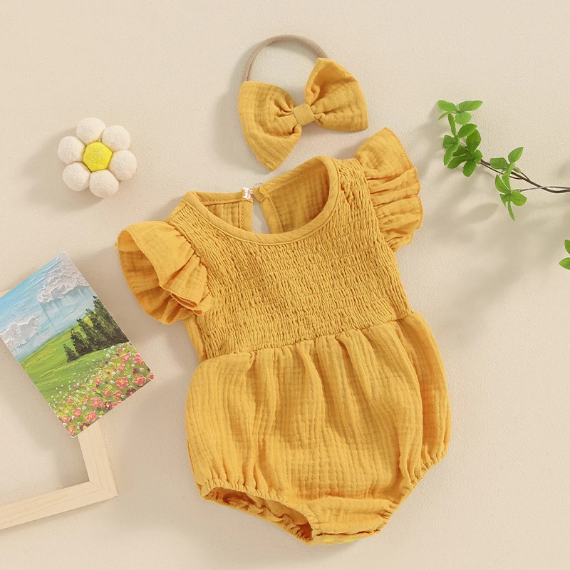 

Tregren 0-18M Newborn Baby Girl Cotton Linen Rompers Summer Solid Color Jumpsuits and Bow Headband Set Cute Infant Bodysuits