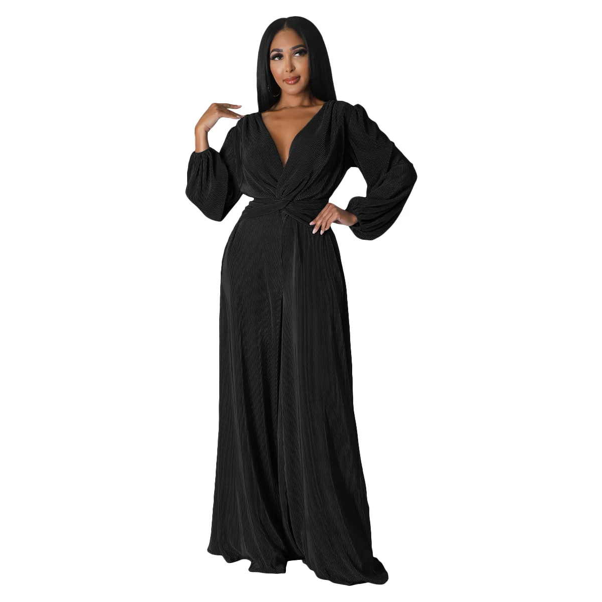 Women's Jumpsuit Solid Color Long Sleeved V-neck Pleated Fabric Long Sleeved Waist Cinched Wide Leg Pants Jumpsuit Spring Autumn