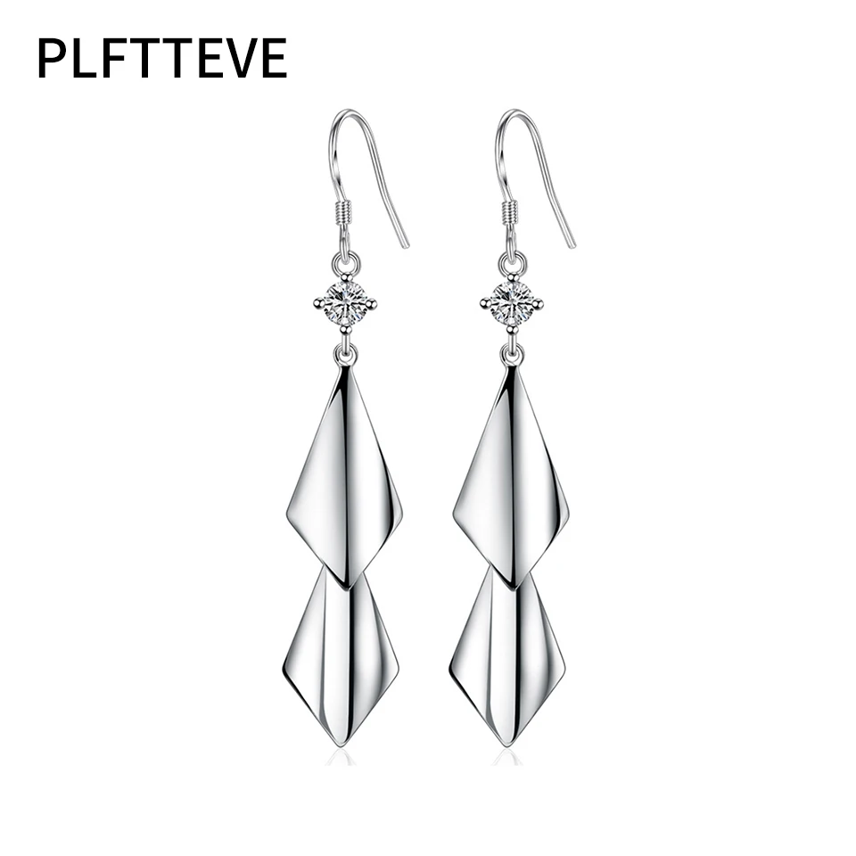 Zircon Double Rhombus Drop Earrings For Women Silver Color Long Dangle Hanging Earring Female Fashion Wedding Ear Jewelry 2024