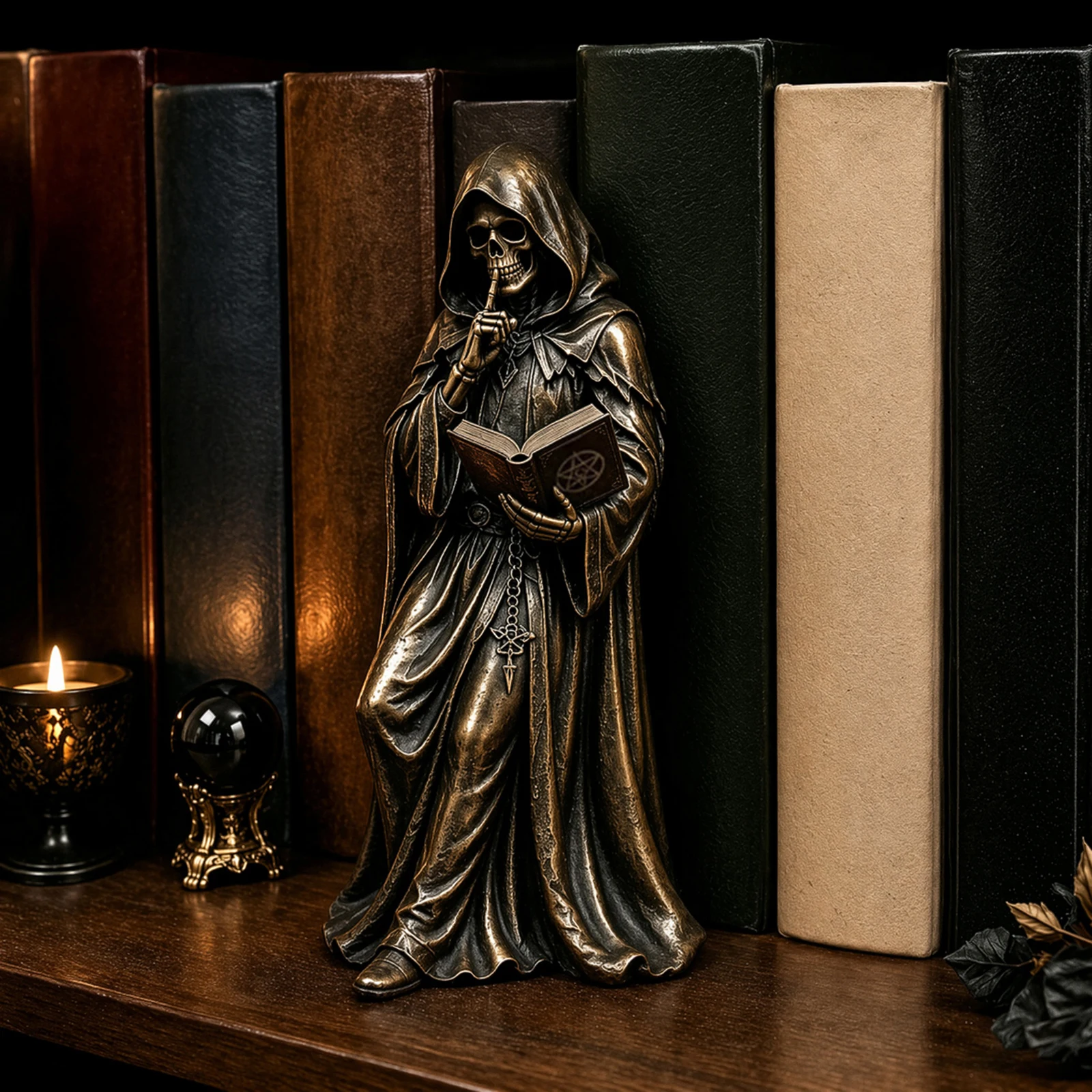 Grim Reaper Gothic Resin Figurine Bookshelf Dark Academia Cloaked Figure Library Reading Book Shelf Ornament Decor