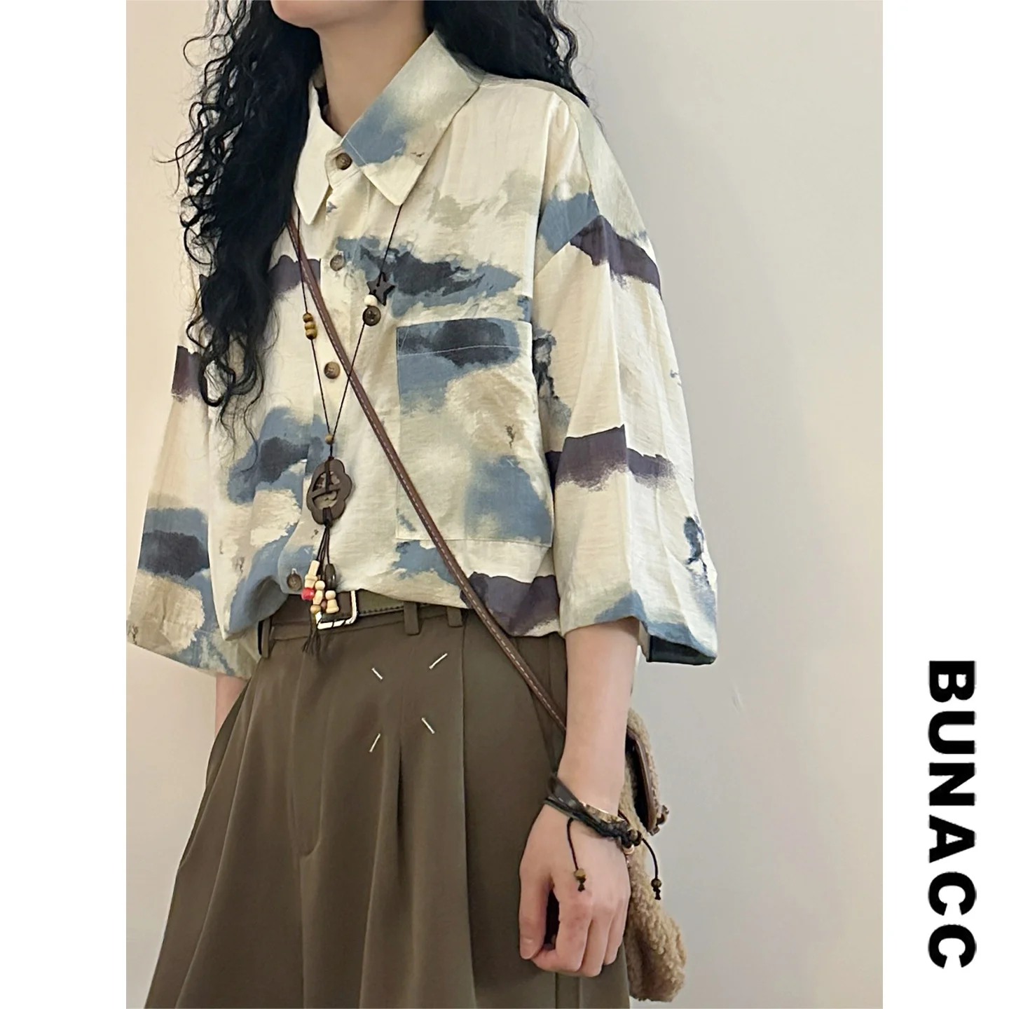 

Summer Street Style Loose Fit Women's Shirt Short Sleeve Dyed Print Vintage Japanese Loose Collar Top for Youth