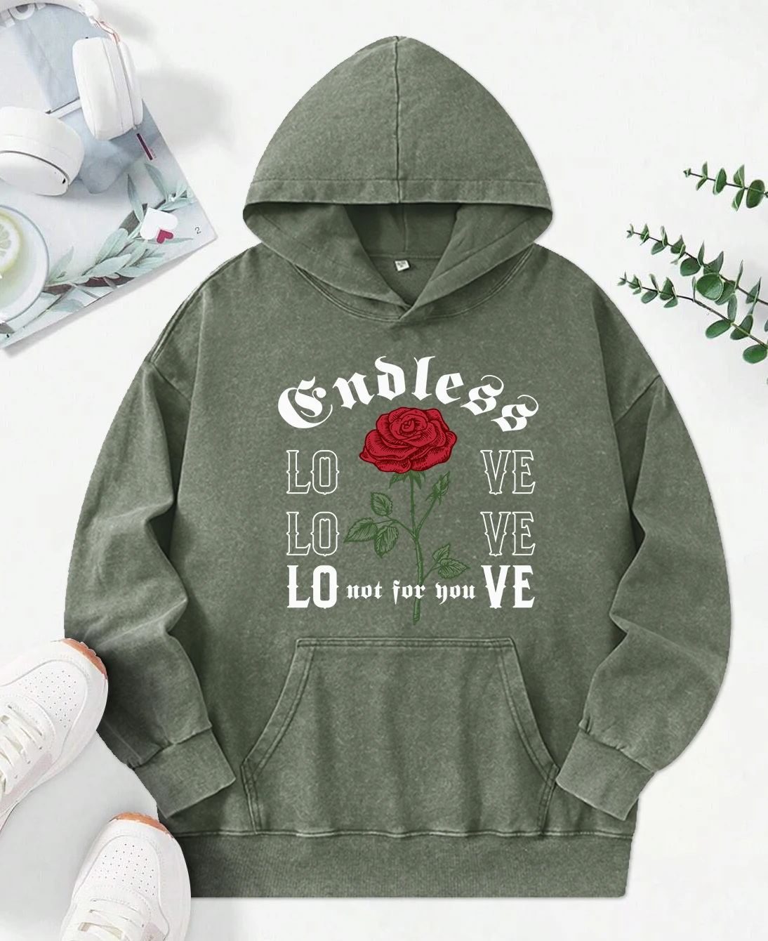 

Love For You Rose Flowers Print Washed Hoody Womens All-Match Oversized Hoodies Cotton Sportswear Couple Snow Wash Clothing