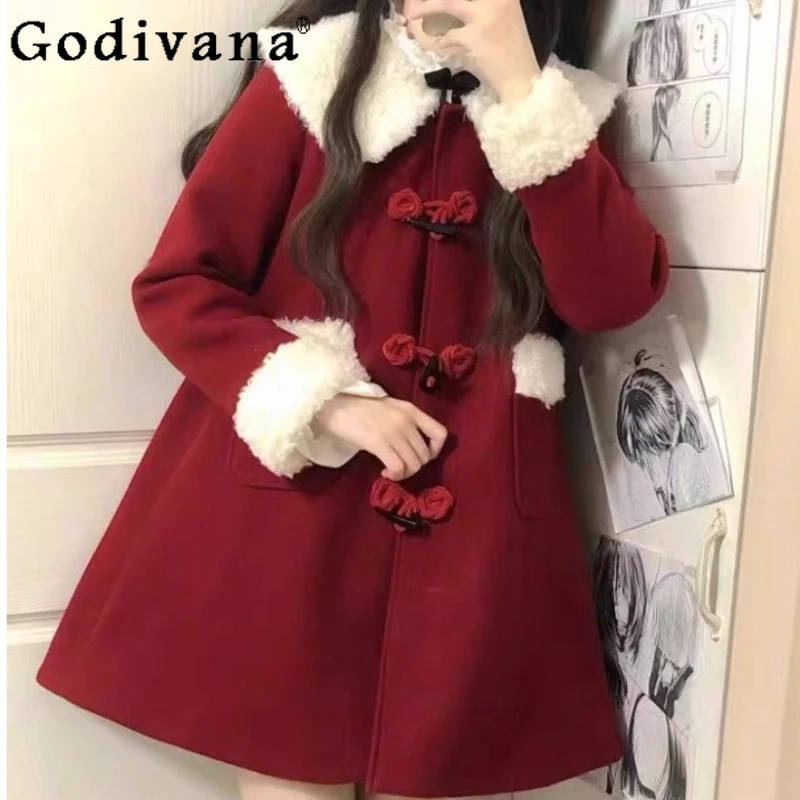 Veste de noël polyvalente en laine à manches longues pour filles, manteau doux à col rabattu, à la mode japonaise, nouvelle collection hiver