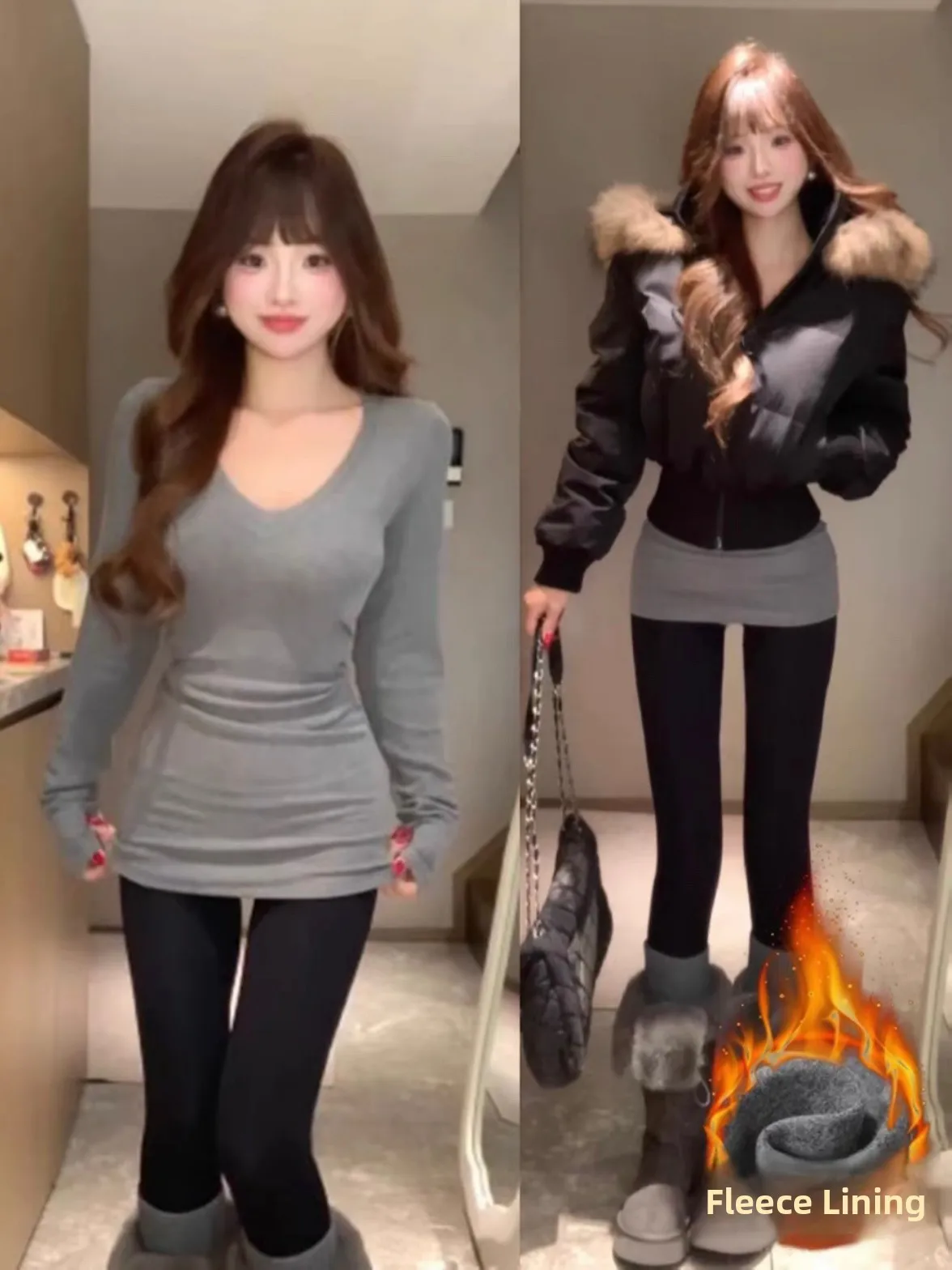 Gray V-Neck Fleece-Lined Mid-Length Women's Base Shirt Winter Slim Fit Long Sleeve Butt Covering Inner Wear Top Commute Style