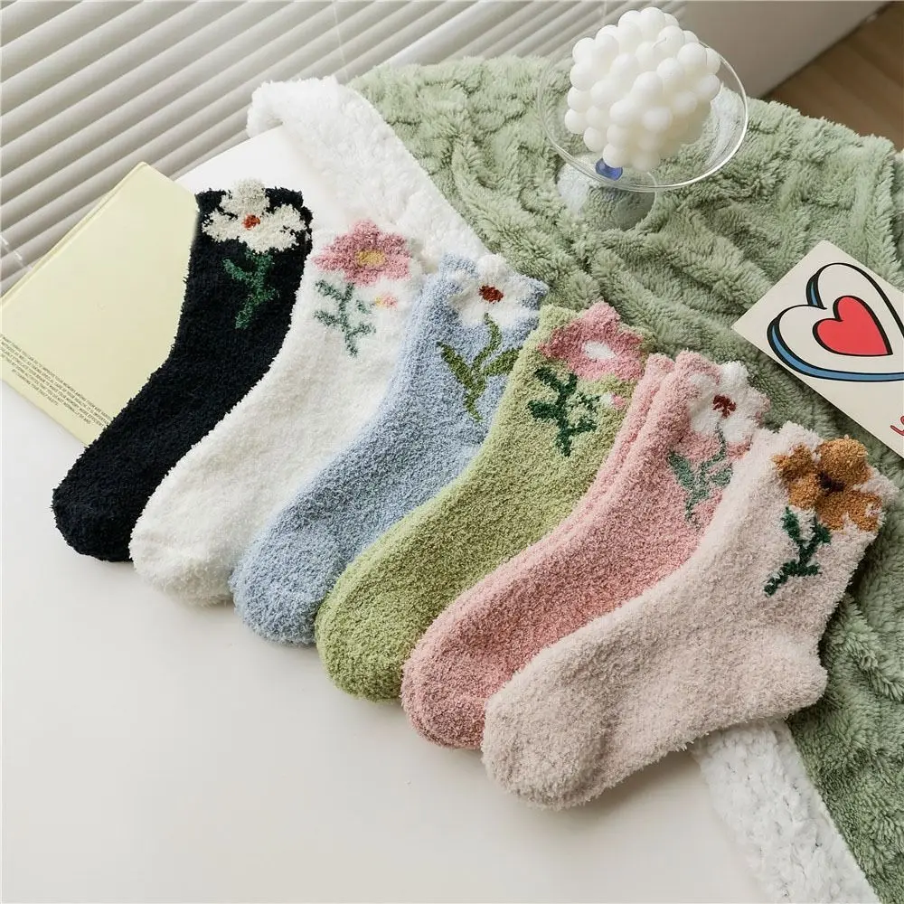 

6Pairs Sweet Thickened Coral Fleece Socks Flower Sleeping Floor Socks Hosiery Winter Warm Socks Women Autumn