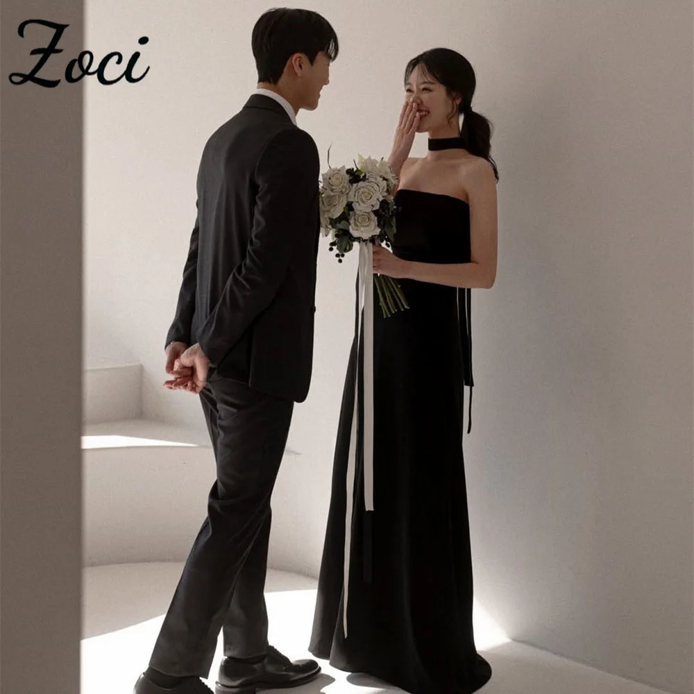 

Zoci Simple Strapless Black Korea Evening Dresses Elastic Satin Photos Shoot Dress Corset Back Wedding Party Dresses Customized